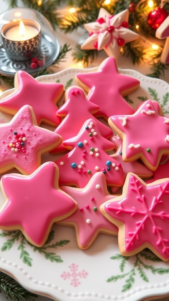A plate of pink Christmas cookies shaped like stars and trees, decorated with pink icing and sprinkles, set against a festive holiday backdrop.
